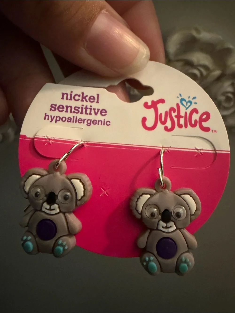 Justice Kids Gray Koala Earrings with Teal and Purple Accents